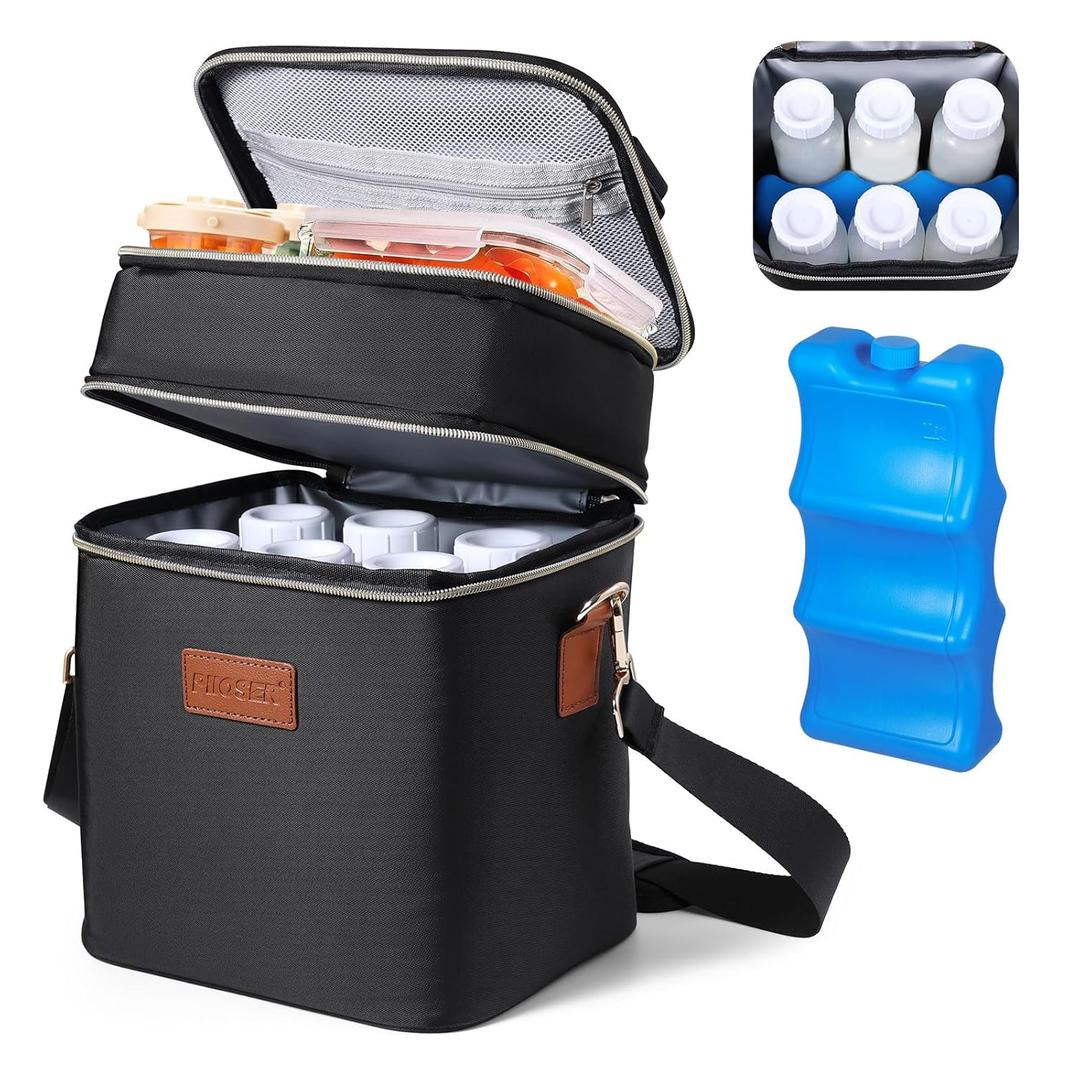 PIIOSER Breastmilk Cooler Bag with Ice Pack Fits 6 Baby Bottles Up to 9 Ounce, Insulated Baby Bottle Tote Bags, Double Layer Waterproof Leak-Proof with Shoulder Strap for Nursing &Working Mom (Black)