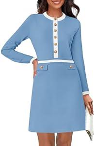 ZESICA Women's Fall Long Sleeve Bodycon Sweater Dress Crewneck Button Knit Color Block Party Mini Dresses (Medium, Black)