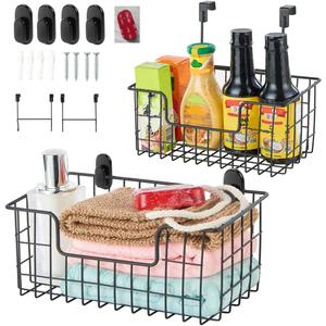 Wire Storage Basket 2 Packs, Wall Mounted Kitchen Bathroom, Hanging Cabinet Door Storage Basket, no Drilling, Supporting 2 Types of Hooks, Strong Bearing, Suitable for Home, Black
