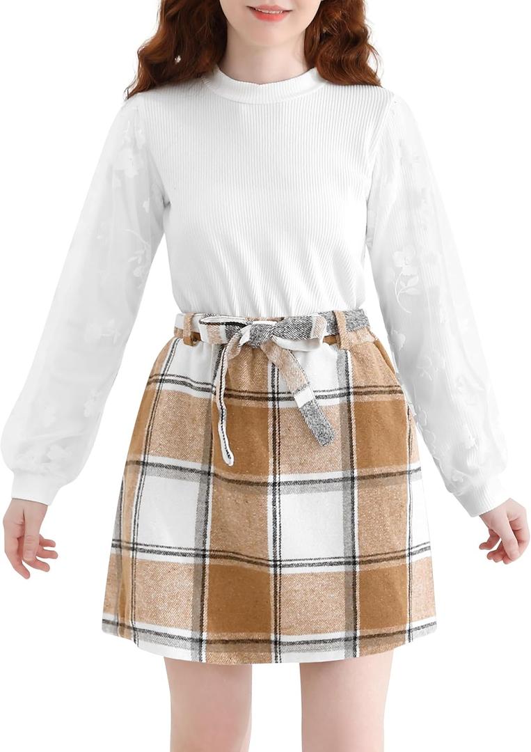 2-Piece Girls Skirt Set Winter Plaid Skirt Set Casual Fall Long Sleeve Rib Knit Shirt Tops Dress Outfit with Pockets (7-8 Years, White+brown and White)