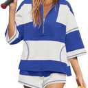 Yanekop Womens 2 Piece Outfits Summer Striped Workout Set Two Piece Matching Lounge Sets Half Sleeve Tops and Short Sets, Size: M