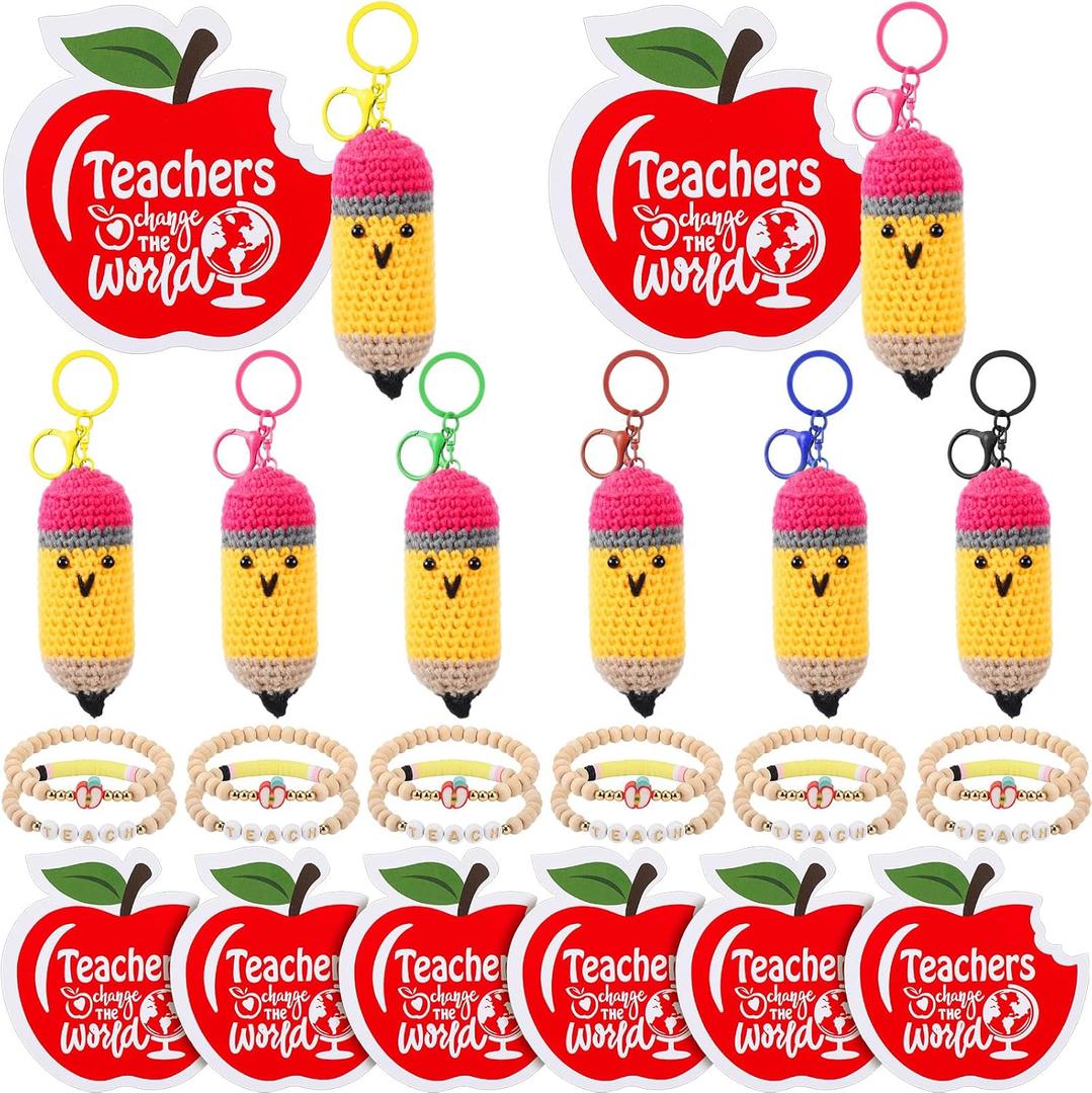 Liliaafar 6 Set Teacher Appreciation Gifts Bulk Pencil Crochet Keychains with 3" x 3" Thank You for Helping Me Cards, Bracelet Positive Appreciation Presents for Teacher's Day, End of School Year