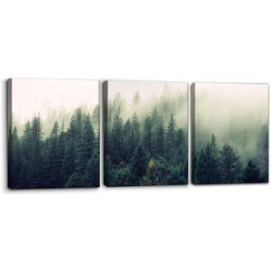 Pacimo Canvas Print Wall Art Set Aerial View of Pine Trees in Mist Nature Wilderness Photography Realism Rustic Scenic Modern Artwork Decor Stretch and Framed Ready to Hang - 12"x16"x3 Panels