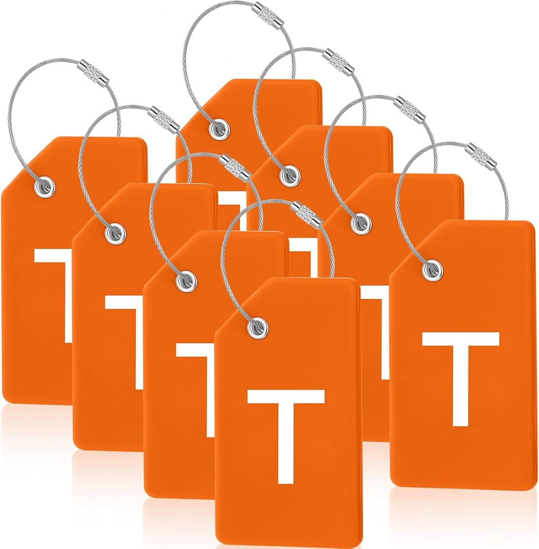 8 Pcs Initial Letter A-Z Luggage Tags Silicone Suitcase Instrument Tag with Name Card and Stainless Steel Loop(Letter T,Orange)