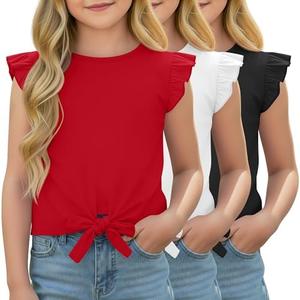 LessonZoo 3 Pack Girls' Short Ruffle Sleeve Shirts Tie Knot Front Summer Tops Kids Flutter Crewneck Casual Tee 7-8 Years Red Black White
