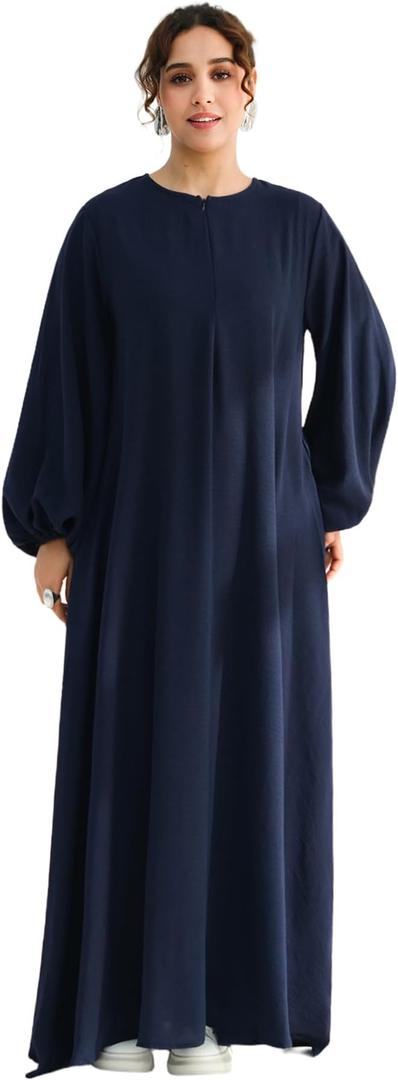 Muslim Women’s Abaya Dress Front Zipper Prayer Robe Soft Lightweight Flowy Maxi Dress with Pockets and Belt, L