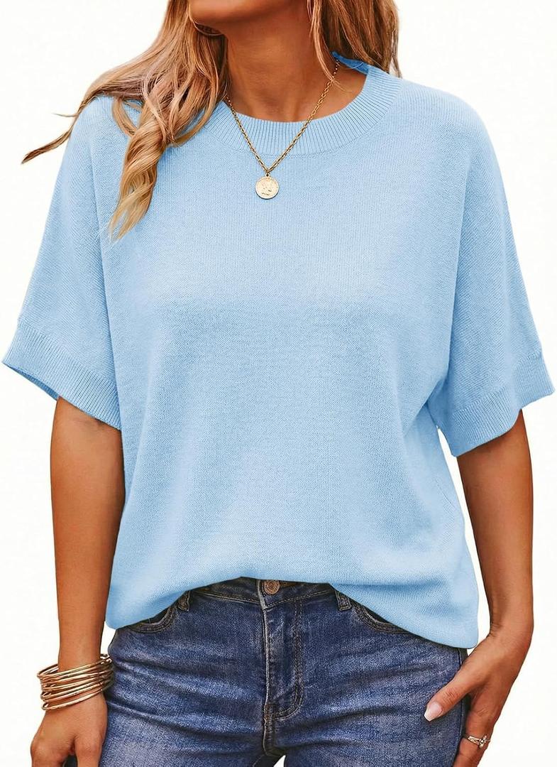 Saodimallsu Womens Short Batwing Sleeve Sweaters Oversized Crew Neck Casual Basic Knit Pullover Tops Shirt (M)