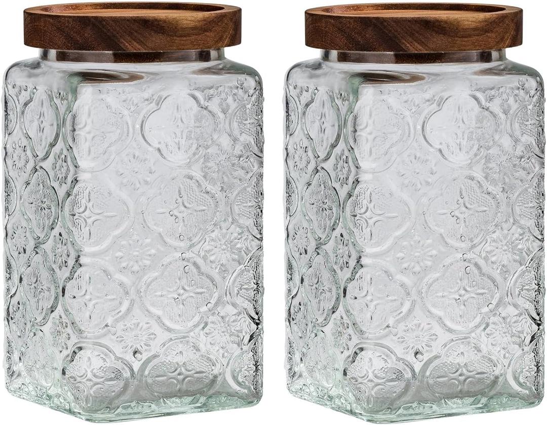 Vintage Glass Sealed Storage Jar With Sealed Wooden Lid, Kitchen Storage Glass Food Storage Container For, Coffee Beans, Oats, Flour, Cereal, Food Storage Jar (2*Plum Blossom)