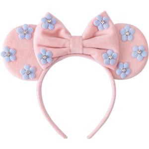 KARETT Sequins Mouse Ears Headband With Glitter Bow Cosplay Costumes Princess Party Decorations For Girls Women (Light Pink Flowers)