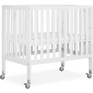 Dream On Me Jett Mini Folding Baby Crib in White, GreenGuard Gold & BSA, Lightweight & Portable, Patented Flat Folding System for Small Spaces & Travel, 1.5” Mattress Pad, 3 Heights, Safe Wheels, 38"L x 26"W x 36"H