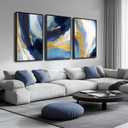 Abstract Wall Art for Living Room, Framed Canvas Wall-Decor for Bedroom, Blue White and Gold Picture Prints, Size 24 x 36 Inches 3-Pieces