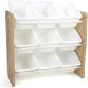 Humble Crew 9-Bin Toy Organizer  Journey Natural Wood with White Plastic Bins, 3-Tier Storage Solution for Kids' Playrooms and Nurseries