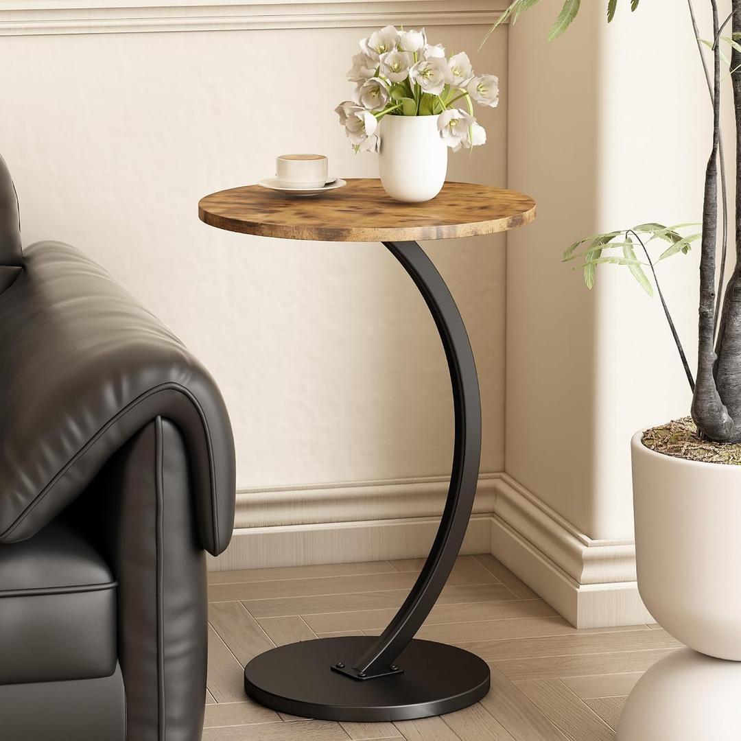 C Shaped Side Table End Table Round Small Side Table,Brown & Black | C Shaped End Table Metal Frame for Sofa Bed Couch Living Room Bedroom Small Spaces Bedside TV Tray Accent Nightstand Table