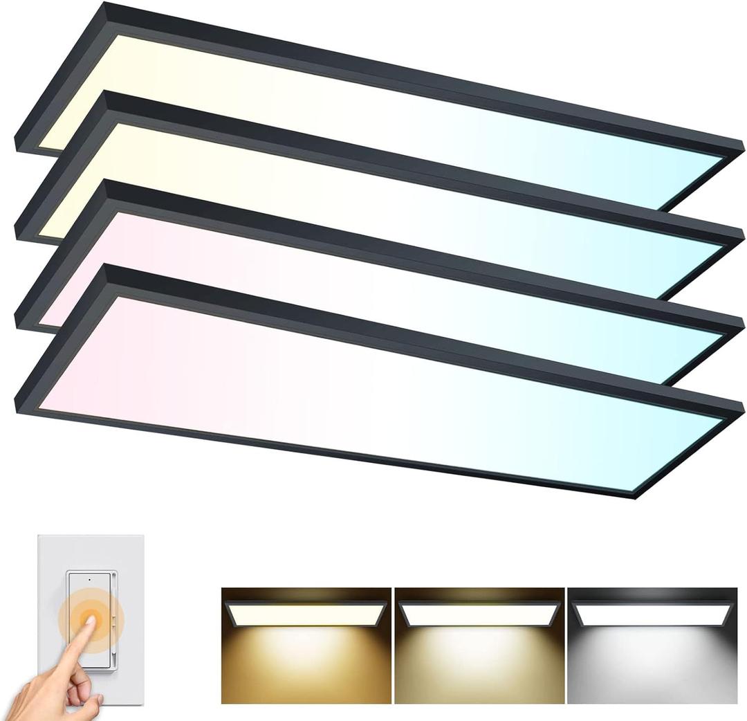 AIKVSXER 4PACK 1x4 LED Flat Panel Light Surface Mount LED Ceiling Light, 5500LM 50W TRIAC 10-100% Dimmable, AC120V, 3000/4000/5000k Selectable 4FT Light Fixtures for Garage Black