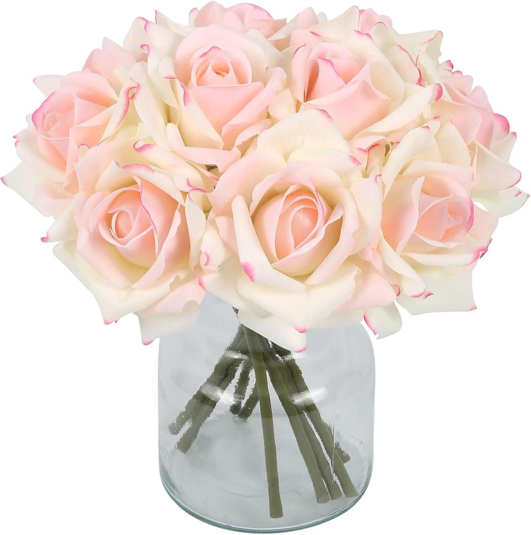 IPOPU Fake Roses,2 Bouquets 10PCS Real Touch Roses Artificial Flowers Faux Roses with Stems for Wedding Party Home Table Centerpieces Decoration(Pink Edge)