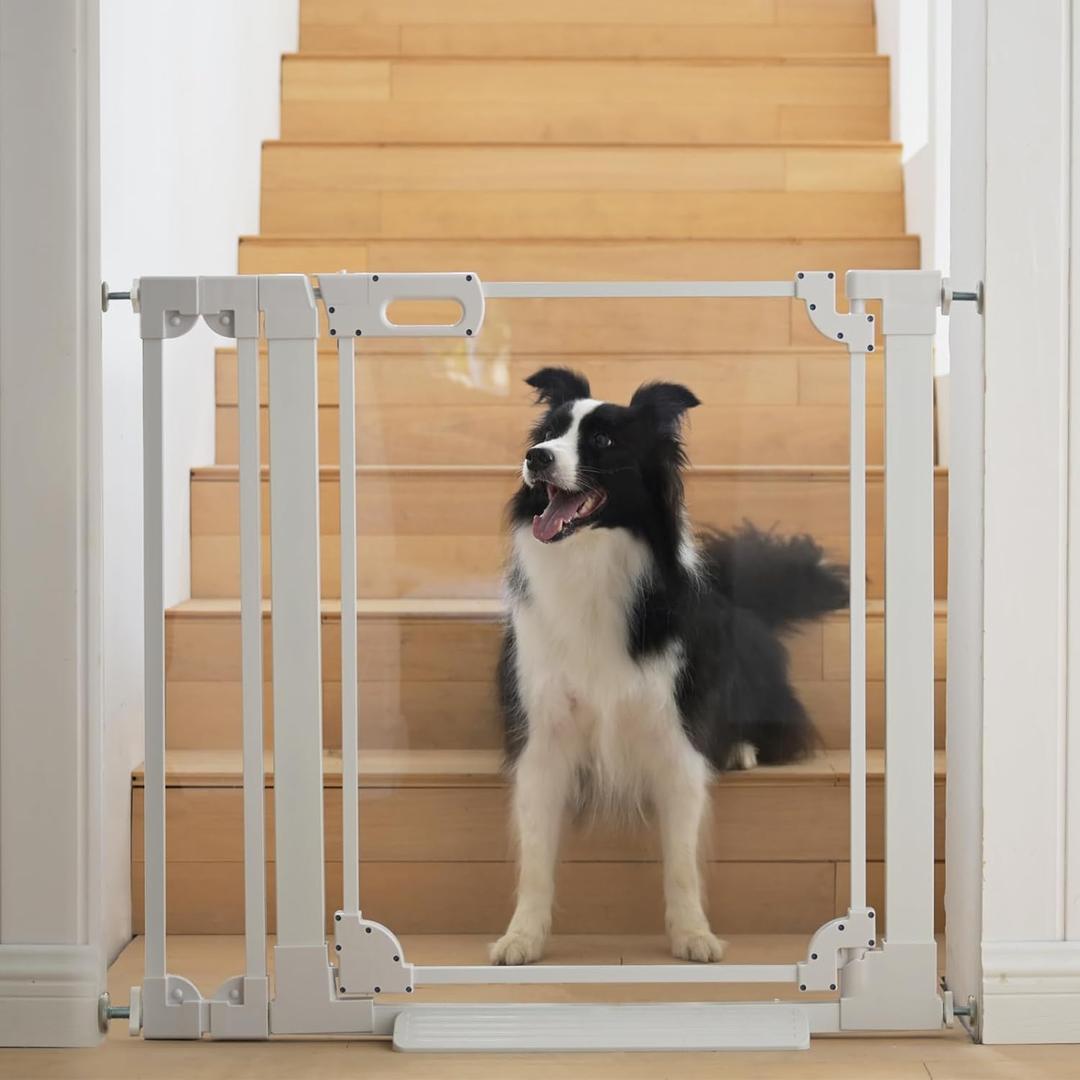 AIKSIWAI Clear Baby Safety Gate for Stairs,29.52-37.79" Wide, 30" Tall Pressure Mounted Acrylic Pet Gate, Easy Walk Through Auto Close Child Gate for Doorways and House,29.52-37.79" (White)