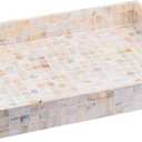 PEMAR Rectangular Mother of Pearl Serving Tray Nacre Wood Lap Ottoman Tray for Coffee Table, Luxury Decorative Handmade Eating Platters w Insert Handles (White Cream)