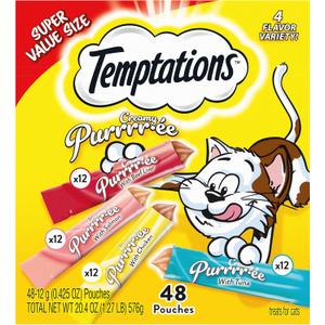 Temptations Creamy Puree Squeezable Lickable Cat Treats, Wet Cat Treats with Beef, Salmon, Chicken, and Tuna Variety Pack, 0.42 oz. Tubes, 48 Count