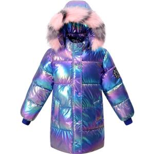 Girl Waterproof Long Coat Winter Puffer Jacket Kid Metallic Shiny Hooded Clothes (6-7 Years, Purple)