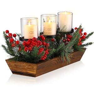 Suttmin 3 Pillar Christmas Table Centerpiece Christmas Candle Holder Artificial Red Berries Pine Cones with Steal Base Frosted Berry Arrangement for Home Decor