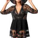 Cuffbow Bathing Suit Cover up for Women Boho Swimsuit Lace V-Neck Coverup Swimwear Loose Beach Dress Vacation Beach wear (Black)