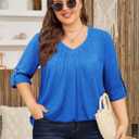 Amrto Plus Size Tops for Women 3/4 Sleeve Casual V Neck Pleated Shirts Loose Fit Tunic Blouse(XL-5XL) (Blue)