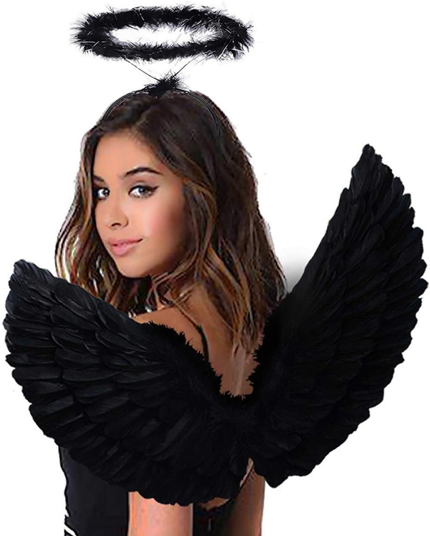 Angel Black Wings and Halo Angel Costume for Girls Kids Women Halloween (Black)