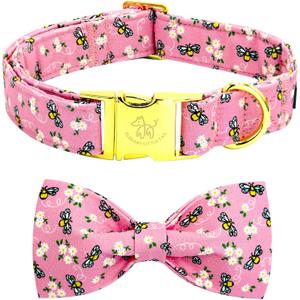 Elegant little tail Dog Collar, Spring Dog Collar with Bow Cute Bees Print Cotton Soft Female Male Pet Collar Bowtie Floral Dog Collar Adjustable Dog Collar for Large Dogs