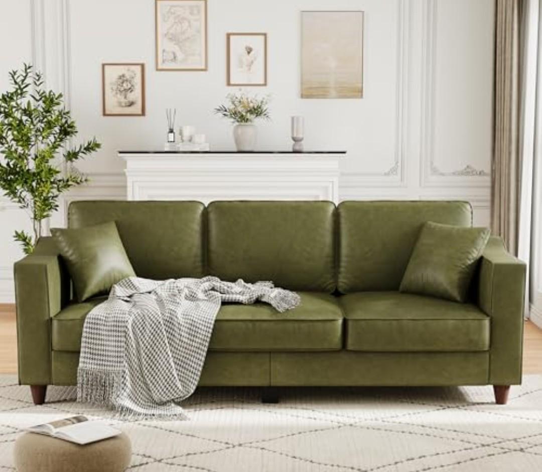 Faux Leather Couch with 2 Throw Pillows, Sofa Couches for Living Room, 3 Seater Sofa with Wide Armrests, Wood Legs, Deep Seats, Back Cushion, Sturdy Support Feet, for Office, Living Room, Olive Green