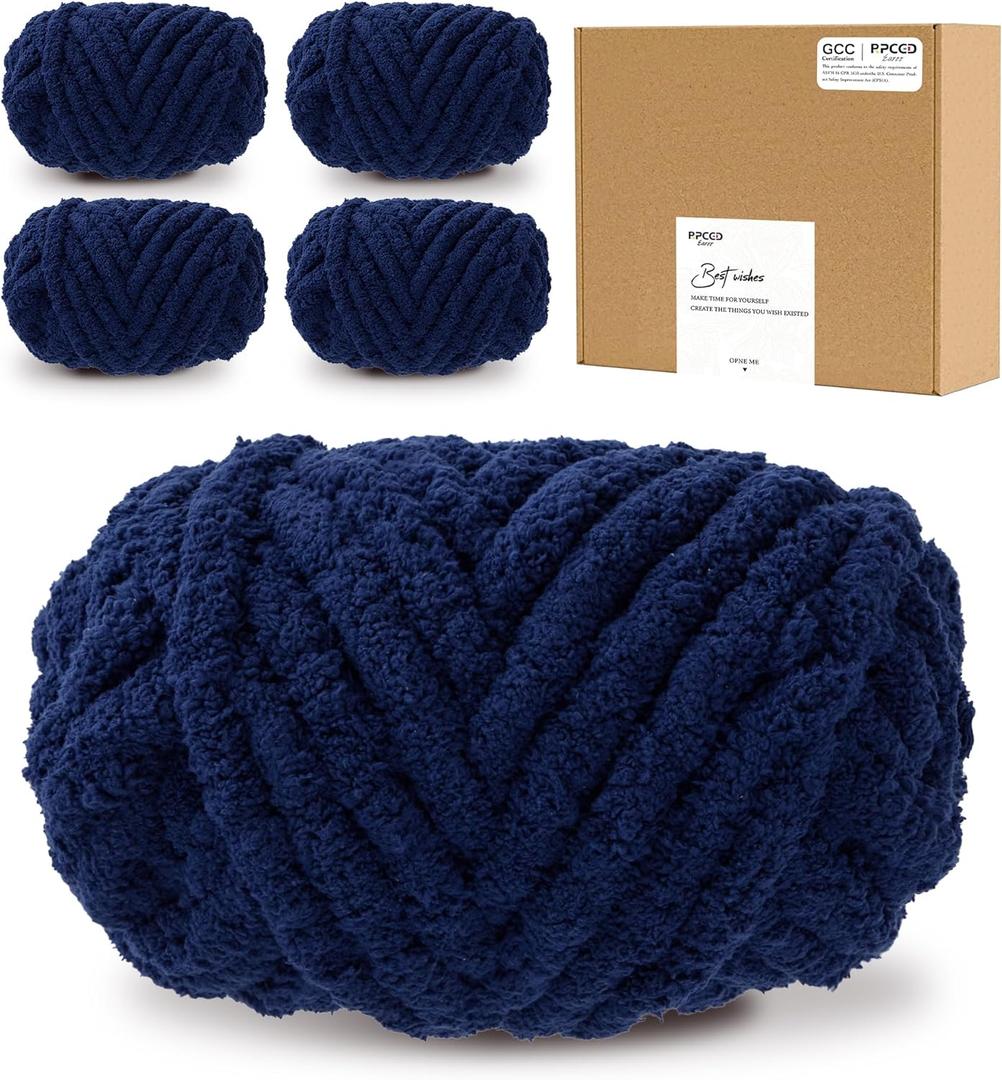 Bulky Chunky Yarn for Hand Knitting Blanket #10 Jumbo Knitting Yarn, 1 Inch Thick Chenille Jumbo Yarn, No Knots Soft Machine Washable, Super Bulky Yarn 4 Pack for Crochet, Arm Knitting & Crafts