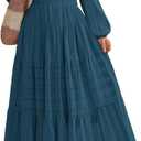 Women's Long Sleeve Maxi Dress with Pockets Spring Fall 2026 V-Neck Flowy Casual Wedding Guest Dress Elastic Waist (Medium, Malachite Green)