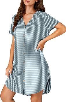 Vrtige Women's Button Down V Neck Short Sleeve Nightgown Pajamas Azure Small