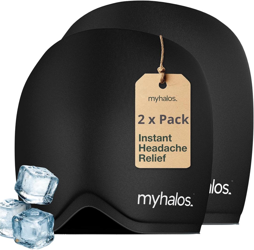 MyHalos Migraine Relief Cap, 30% Thicker, 2X More Cooling Gel, Stays Colder for Longer, Form Fitting Ice Hat, Ice Pack Head Wrap Relief, Tension Headache Relief Cap (Black - Pack of 2)