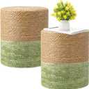 Barydat 2 Pcs 15'' Ottoman Pouf Natural Seagrass Braided Poof Hand Weaving Round Ottomans Boho Footrest Stool for Home Living Room Bedroom Patio(Natural and Green), 11.8 x 11.8 x 15 inches