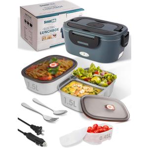 Heated Lunch Box, 80W Electric Lunch Box with Two 1.5L Stainless Steel Interchangeable Containers and Lids, 12V/24V/110V Food Warmer with Utensils and Insulated Bag for Car/Truck/Office (Black)