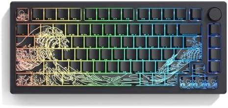 dagaladoo Black keycaps Double Shot PBT keycaps Shine Through Wave of Kanagawa Side Printed Key caps Cherry Profile Custom Key Cap Set for 100%, 75%, 65%, 60% US Layout Mechanical Keyboard