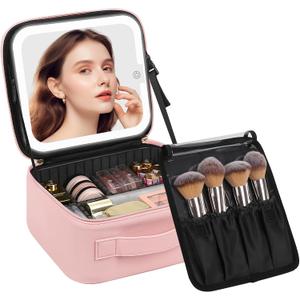 Chomeiu Makeup Bag with LED Mirror, Cute Cosmetic Bags for Women and Girls, Travel Train Case Artists Organizer Large Make Up Bags with 3 Color Light Up Mirror & Removable Brush Compartment, Pink