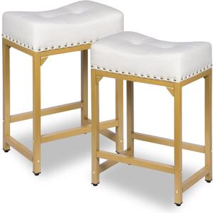 Bar Stools Set of 2, Counter Height Bar Stools for Kitchen Island, 24 Inch Modern White & Gold Saddle Backless Barstools, Counter Stool with Metal Base & Thick Saddle Seats(White+Gold)