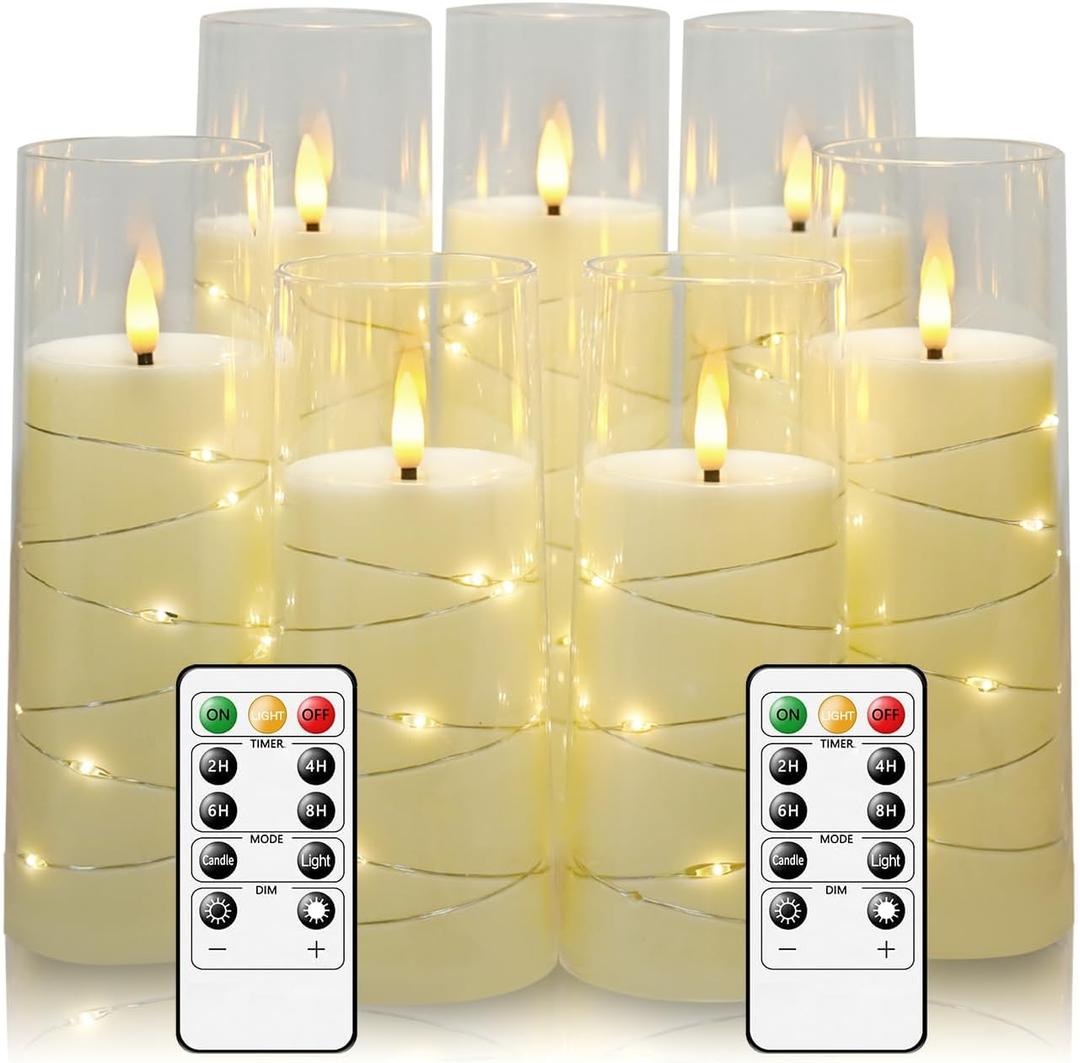 Flameless Candles with Embedded Star String, Battery Operated LED Pillar Candles with Timer and Remote Control,Home Decorating for Ambiance Set of 7(Ivory)
