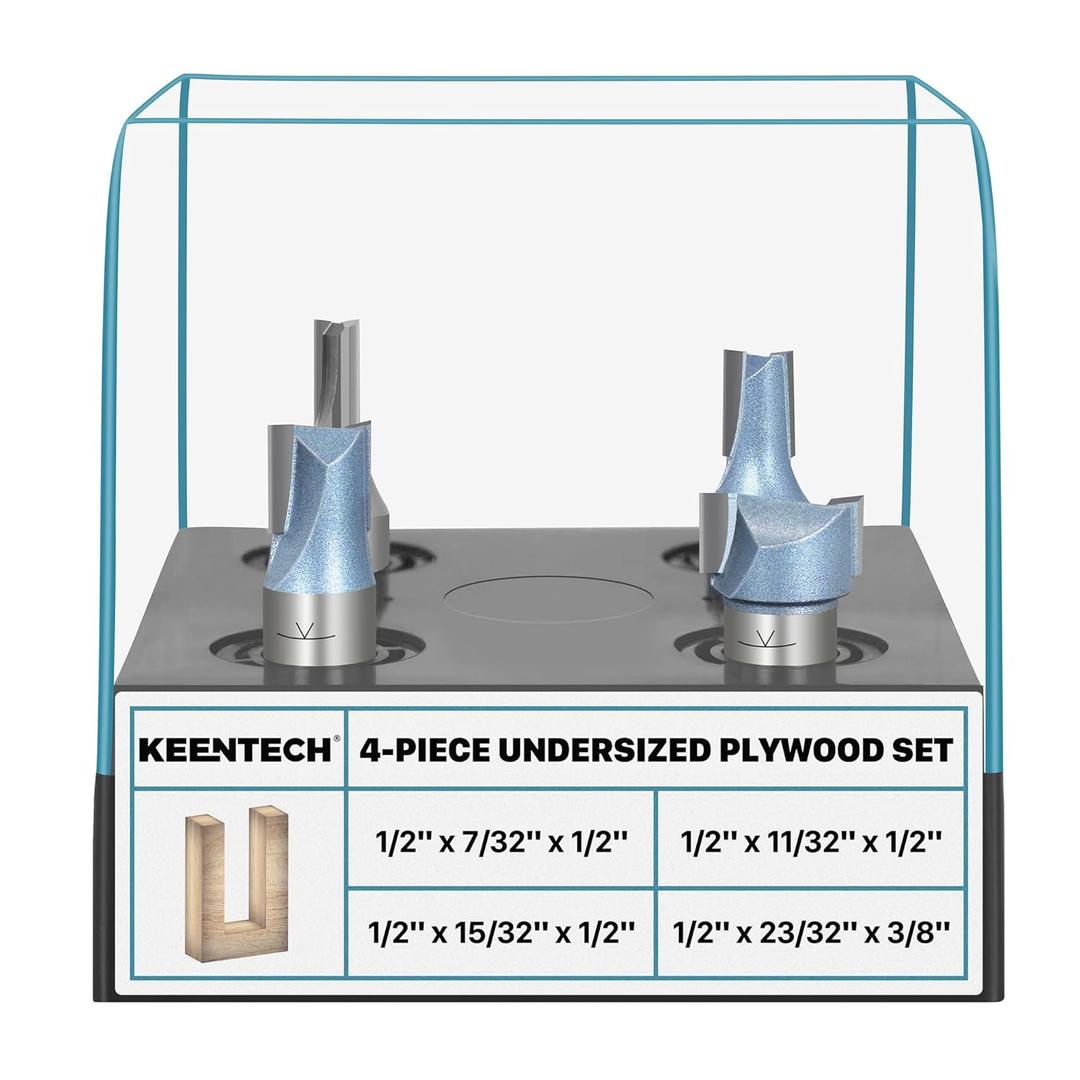 KEENTECH 4-Piece Router Bit Set for Undersized Plywood 1/2" Shank, Precise Groove Cutting for 1/4" 3/4" Panels