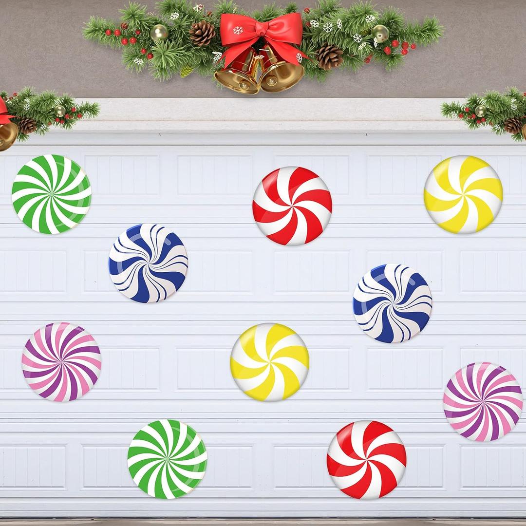 Crtiin 10 Pieces 12 Inch Peppermint Christmas Garage Door Magnets Magnetic Christmas Garage Door Decor Magnet Xmas Decorations Peppermint Car Magnet Sticker for Xmas Refrigerator Decor