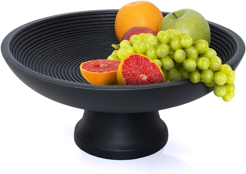Folkulture Wooden Fruit Bowl for Kitchen Counter | 12" Large Premium Eco Friendly Banana Fruit Basket for Kitchen | Black Wood Bowl with Holder, Pedestal for Table Decor, Mothers Day Gifts
