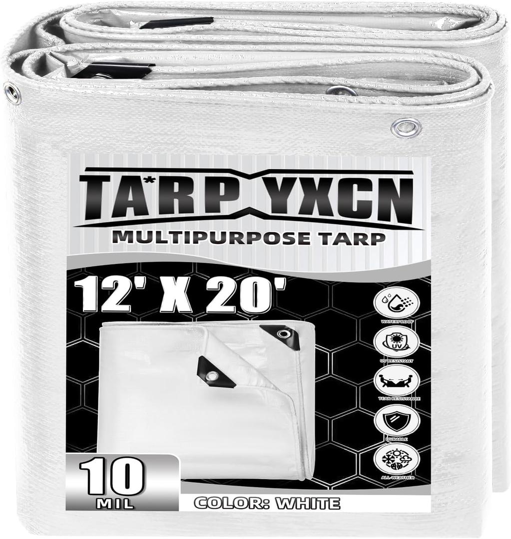 White Tarp 12x20 Feet, 10 Mil Thick Waterproof Poly Tarps Cover UV Resistant, Rip & Tear Proof with Metal Grommets Every 20 Inches