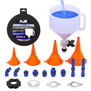 KJE No-Spill Coolant Funnel Kit, Radiator Funnel Burping Set, 19PCS Spill Free Coolant Bleeder Cooling System, Adapters for Universal Vehicle