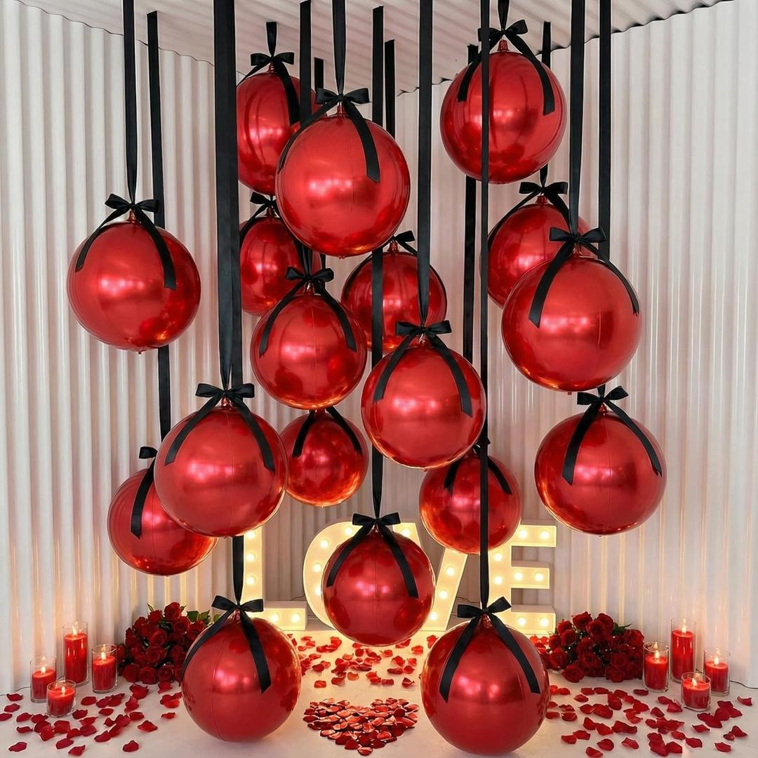 20 Pcs Metallic Red Foil Balloons Giant 22 Inch 4d Round Metallic Red Balloons with Black Ribbon for Birthday Graduation Anniversary Wedding Tea Party Decorations