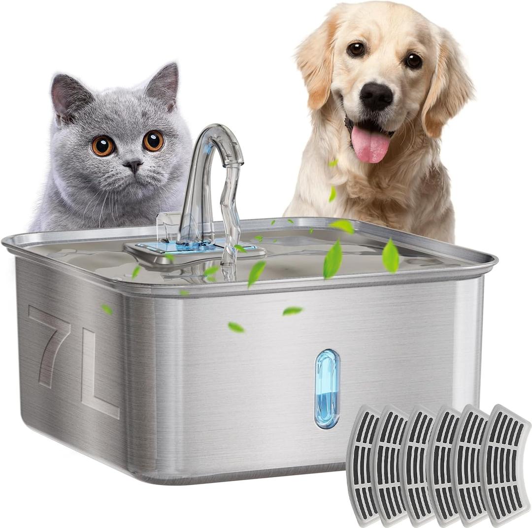 7L (28Cup) Stainless Steel Dog & Cat Water Fountain with Large Waterproof Mat – Extra Large Automatic Pet Drinking Fountain for Large Dogs & MultiPet Homes – Ultra Quiet, 3Stage Filter, LED Window