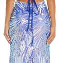 Glam Feather Sequin Gown W/Strappy Lace-Up Back & V-Neckline - Evening Cocktail Dress (Blue), Size 
