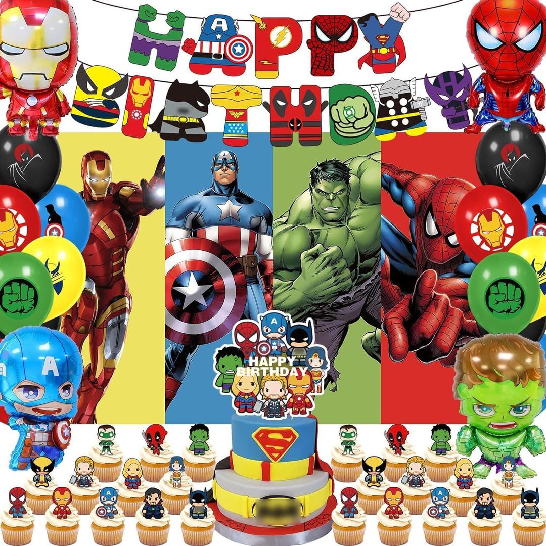 xisudwwdj 55 Pcs Hero Party Decorations,Birthday Decorations Include Banners,Cake Topper,Cupcake Topper,Latex Balloon,Shaped Aluminum Balloon,Backdrop Super Movie Theme Party