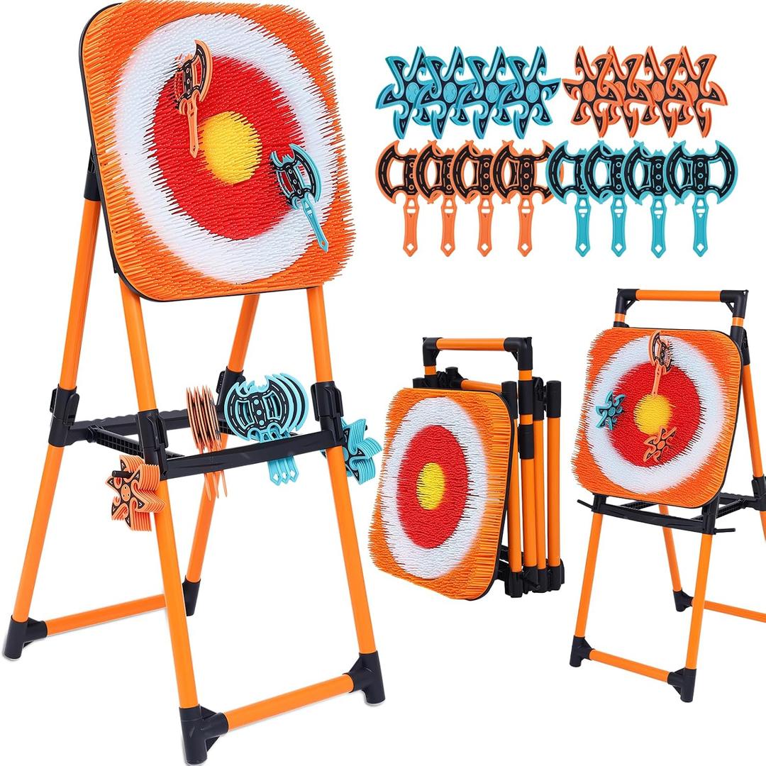 Axe Throwing Game for Backyard - 8 Throwing Axe & 8 Throwing Stars,24" Target,Yard & Outdoor Games for Adults and Family (Orange)