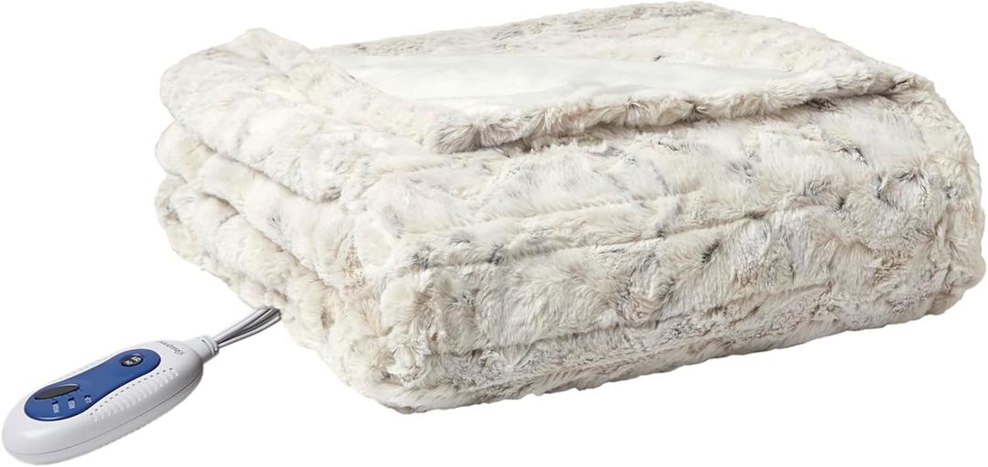 Beautyrest Zuri Reversible Faux Fur to Mink Electric Blanket,Auto Shut Off, Virtually Zero EMF, Multi Heat Setting,UL Certified, Machine Washable, Snow Leopard Throw 50" x 70",100% Microfiber